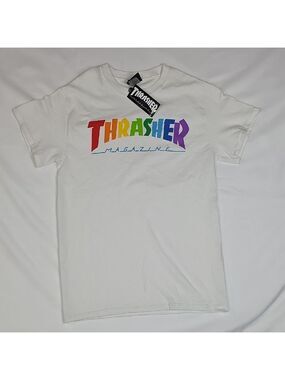 Thrasher White Tee with Multicolor Logo Size Small
